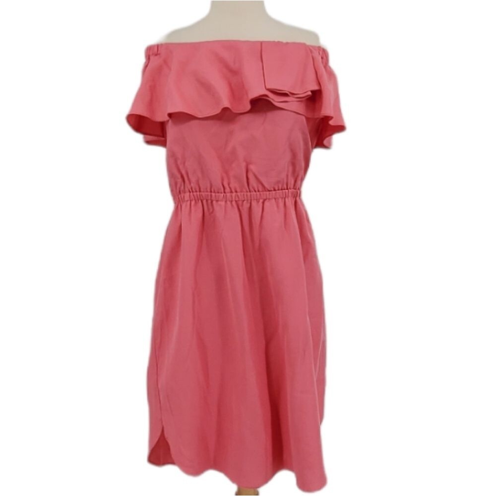 H by Halston Off the Shoulder Ruffle Pop Over Lightweight Coral Shirt Dress 4-6